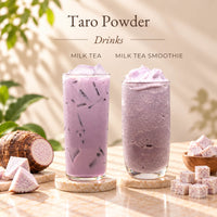 Taro Powder drink ideas featuring a purple taro milk tea with ice and a creamy taro milk tea smoothie, displayed with fresh taro roots and slices.