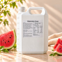 5kg white plastic container of Watermelon Flavoured Syrup with a white screw cap and product label, displayed alongside fresh watermelon slices.
