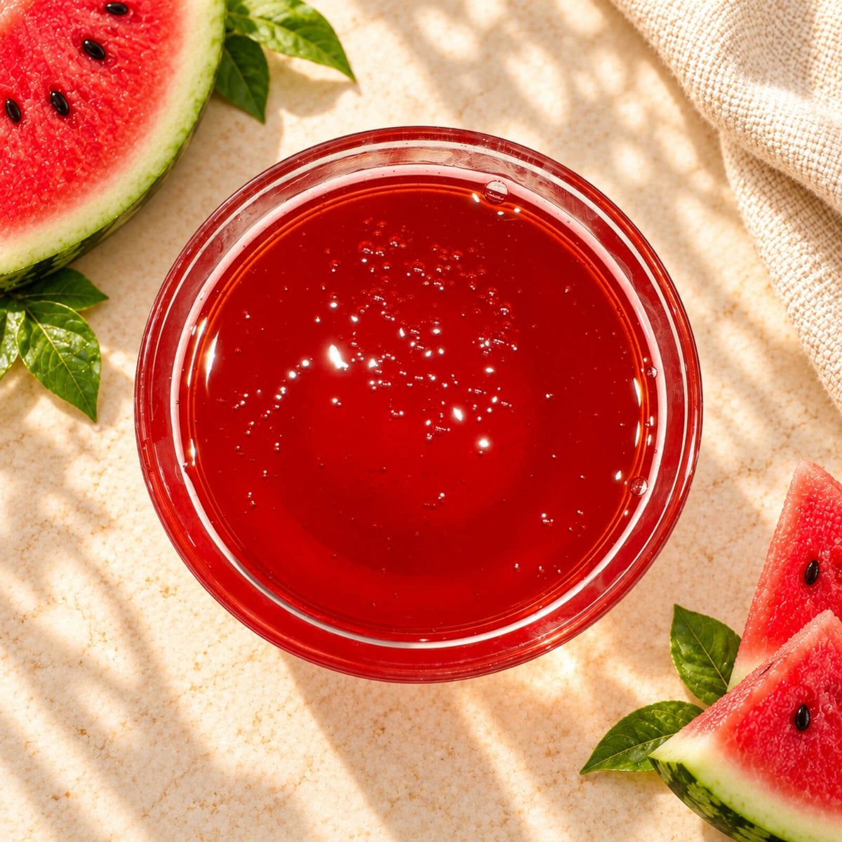 Watermelon flavoured syrup in a glass bowl, showing its vibrant red colour and smooth, glossy texture, surrounded by fresh watermelon slices.